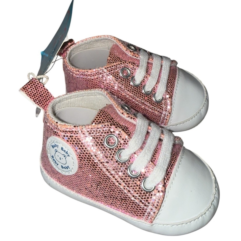 Rabeisir baby crib shoes pink sparkly glitter sneakers Size 0-6 Months NWT
